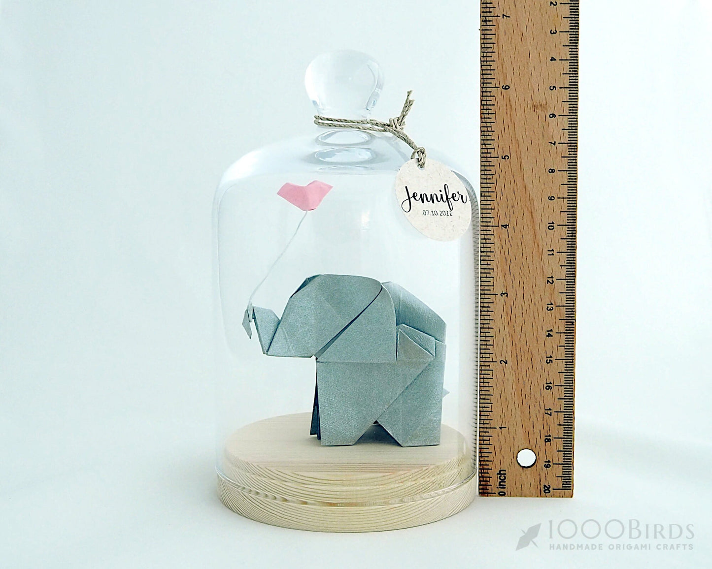 Origami Elephant & Balloon in Glass Cloche: Baby Shower Decor