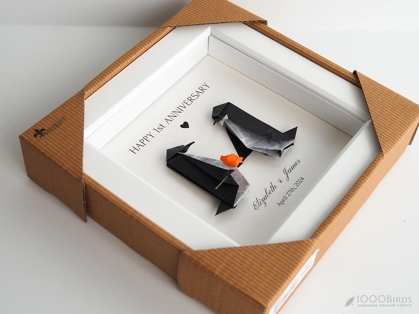 Personalized Origami Penguin Couple – Framed Art for First Wedding Anniversary / Paper Anniversary Gift
