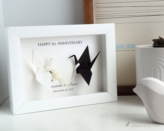 Customized Paper Flower Bouquet with Origami Crane – Framed Art for First Wedding Anniversary / Paper Anniversary Gift