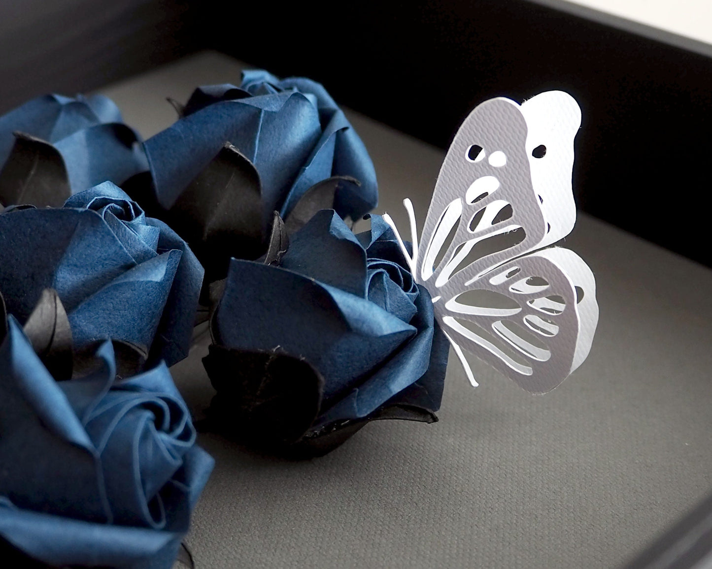 Handcrafted Navy Origami Rosebud Shadow Box - Unique Wall Art for Home Décor & Perfect Gift