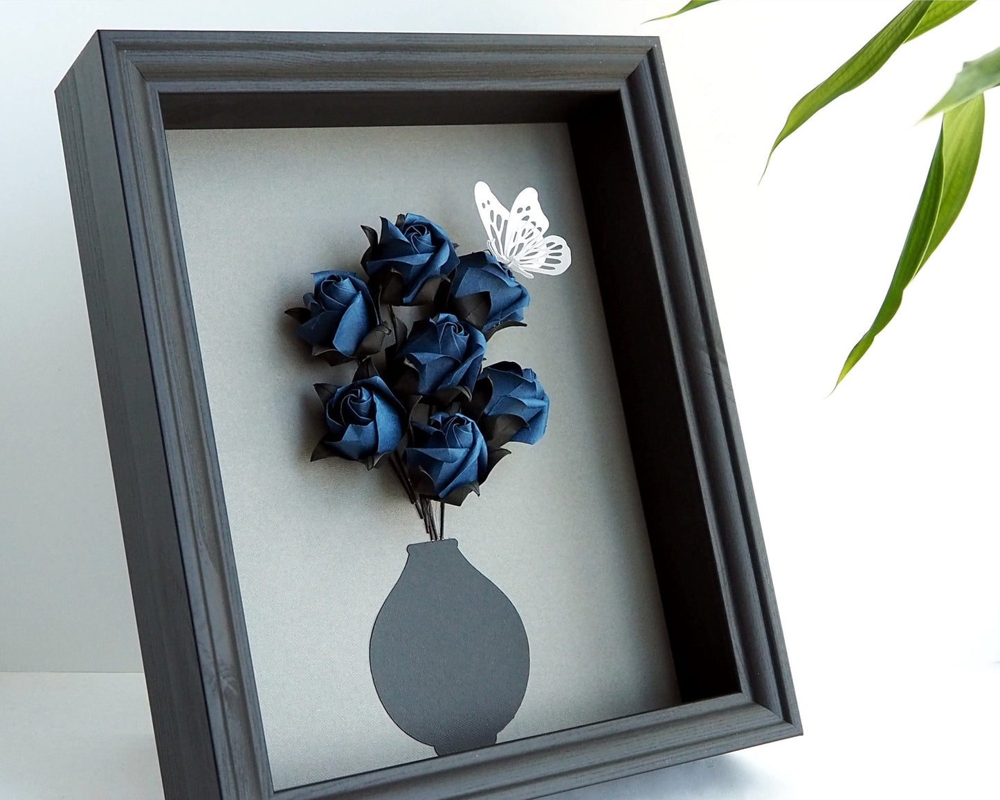 Handcrafted Navy Origami Rosebud Shadow Box - Unique Wall Art for Home Décor & Perfect Gift