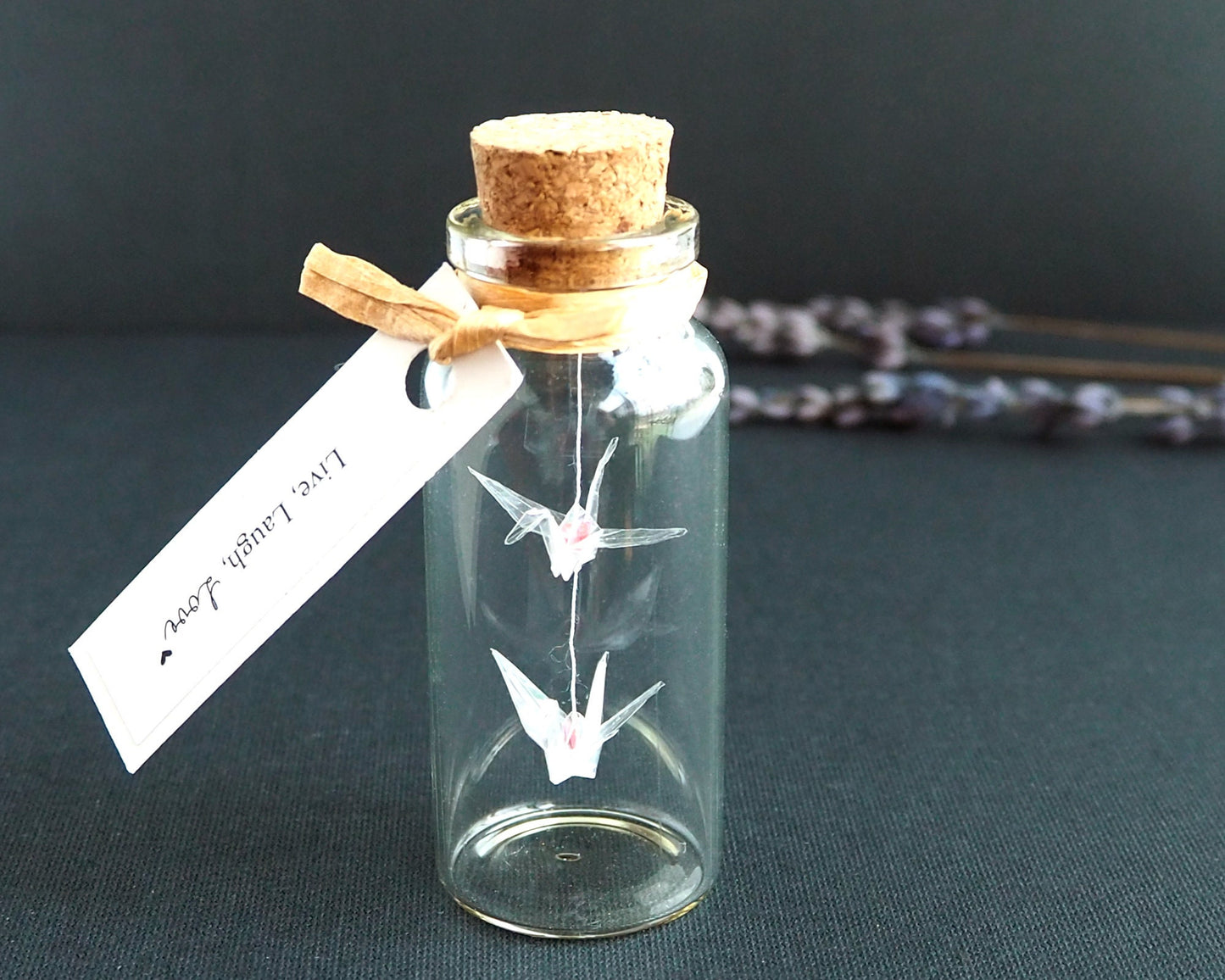 I Carry Your Heart Red Heart in Origami Crane Garland in Mini Gift Bottle with Personalized Message Tag, Wedding Party Gift, Japanese Kawaii