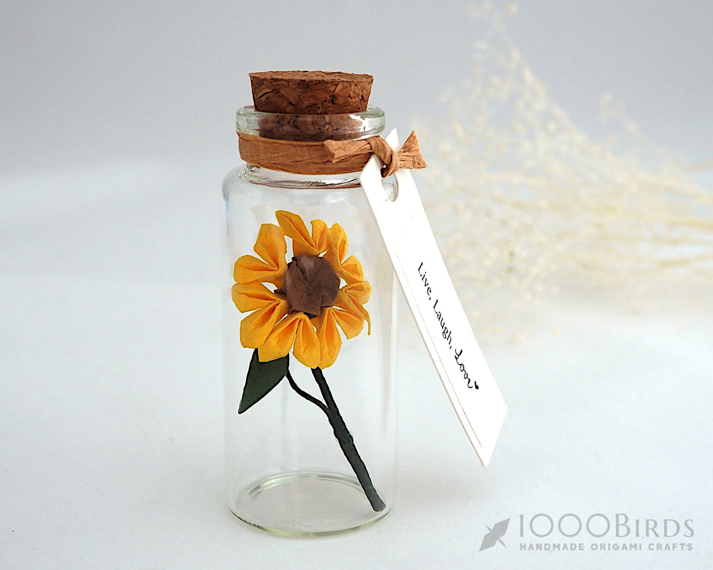 Sending Sunshine Handmade Origami Paper Sunflower in Mini Bottle with Personalized Message Tag / Paper Anniversary Gift / Sunflower Decor