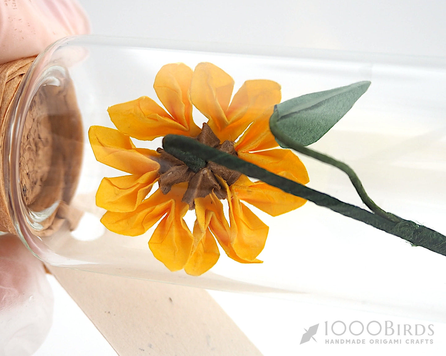 Sending Sunshine Handmade Origami Paper Sunflower in Mini Bottle with Personalized Message Tag / Paper Anniversary Gift / Sunflower Decor