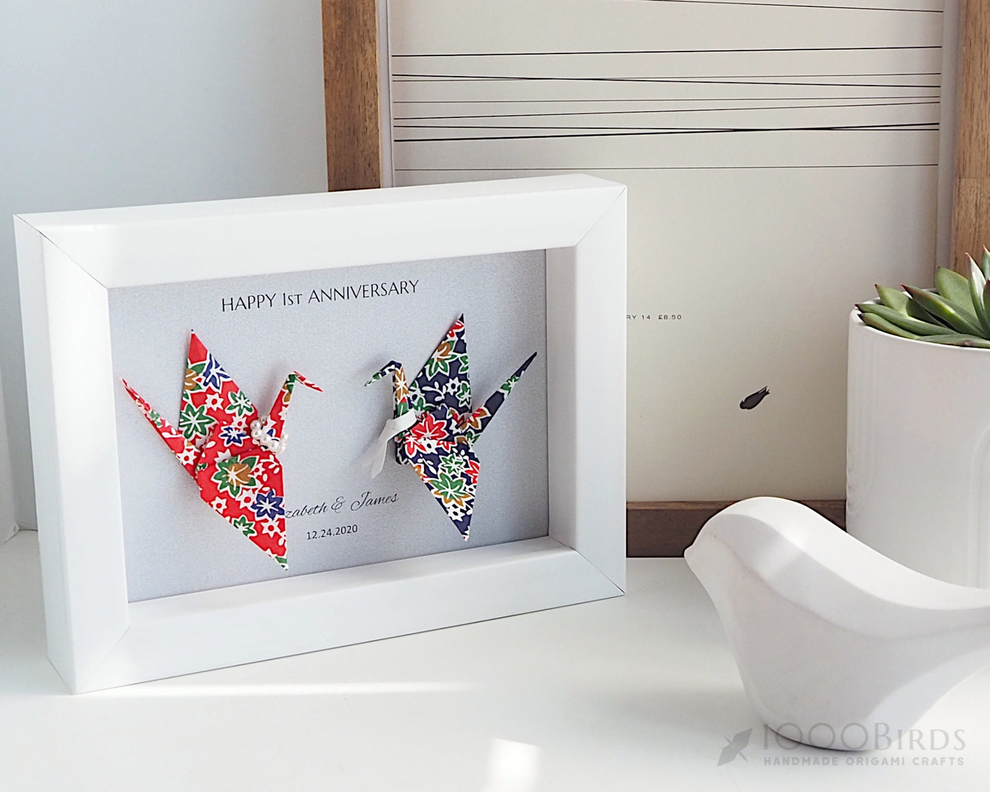 Kimono Love Birds, Personalized Washi Origami Cranes, Framed Art, 1st Anniversary Gift, Paper Anniversary Keepsake