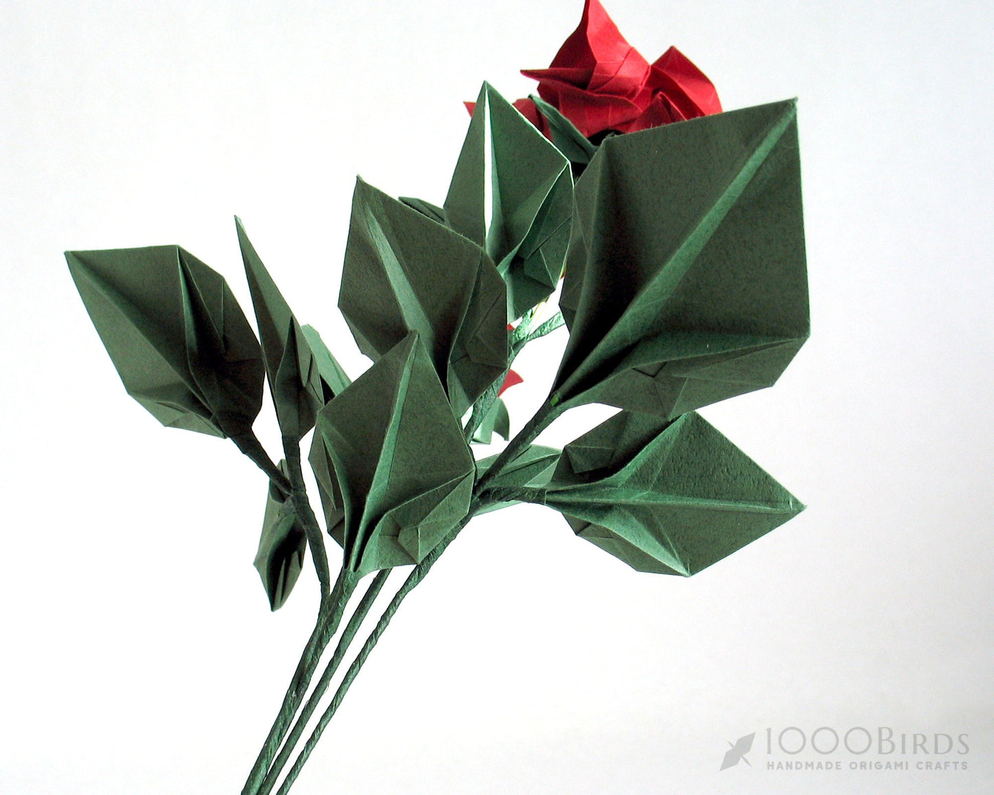 Origami Paper Rose Bouquet, Origami Rosebud Stem, Paper Flowers, Artificial Flora, 2 Long Rose Stems, Paper Leaf Stems, Origami Sculpture