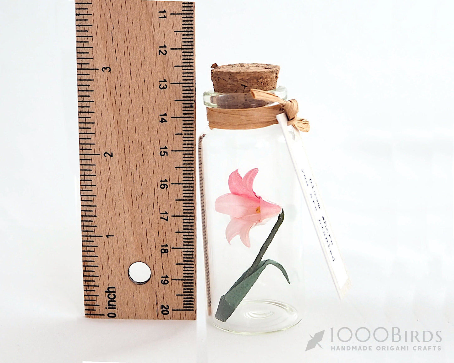 Pink Japanese Washi Origami Paper Lily in Mini Bottle with Personalized Tag for Graduation Gift, Remembrance Gifts