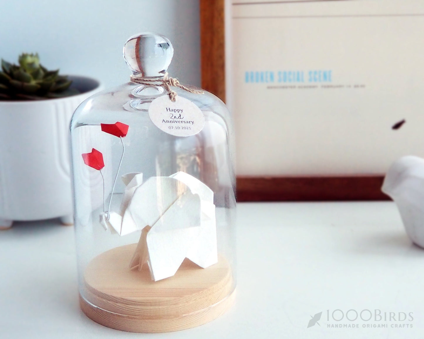 Handmade Cotton Paper Origami Elephant sculpture in the Glass Cloche for 2nd Wedding Anniversary Gift l Cotton Anniversary l Tabletop Decor