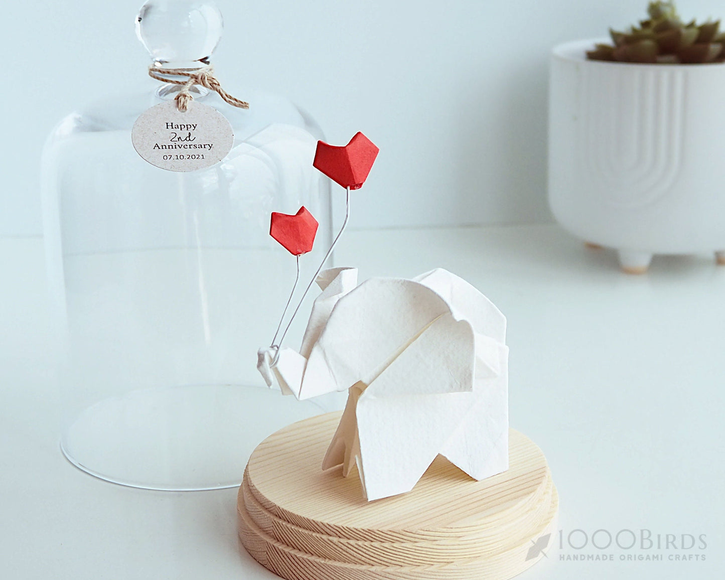 Handmade Cotton Paper Origami Elephant sculpture in the Glass Cloche for 2nd Wedding Anniversary Gift l Cotton Anniversary l Tabletop Decor