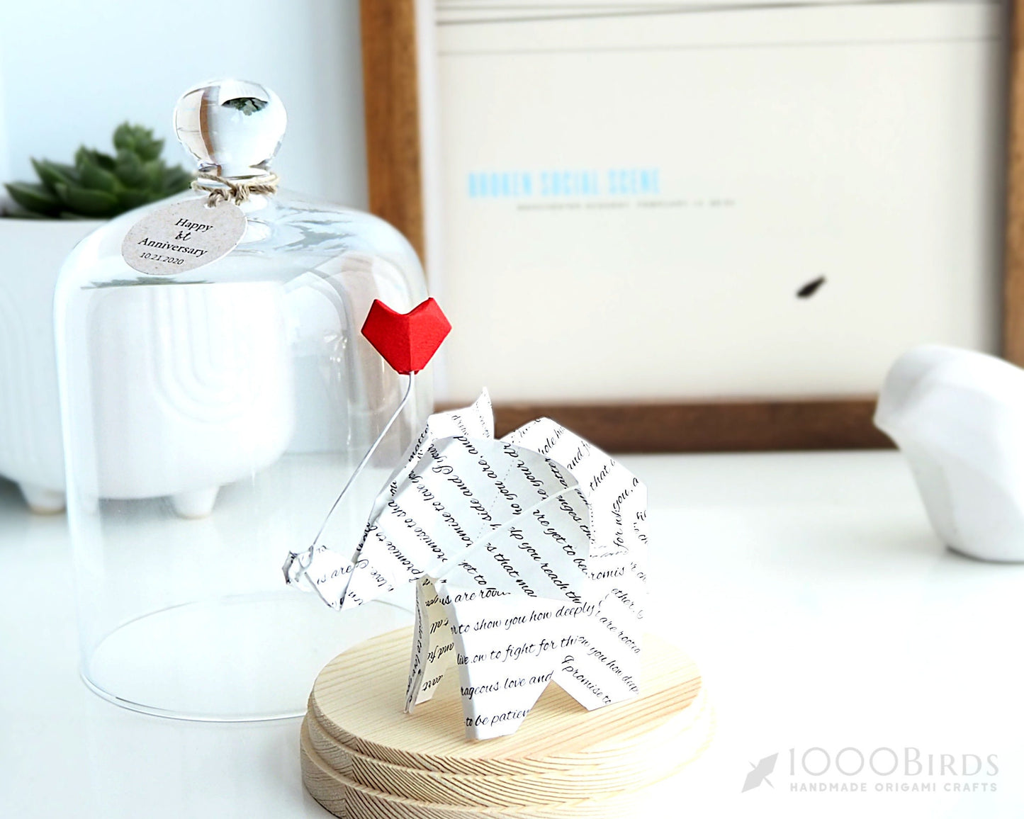 Vow Printed Origami Paper Elephant sculpture in the Glass Cloche for 1st Wedding Anniversary Gift l Paper Anniversary Gift l Tabletop Decor