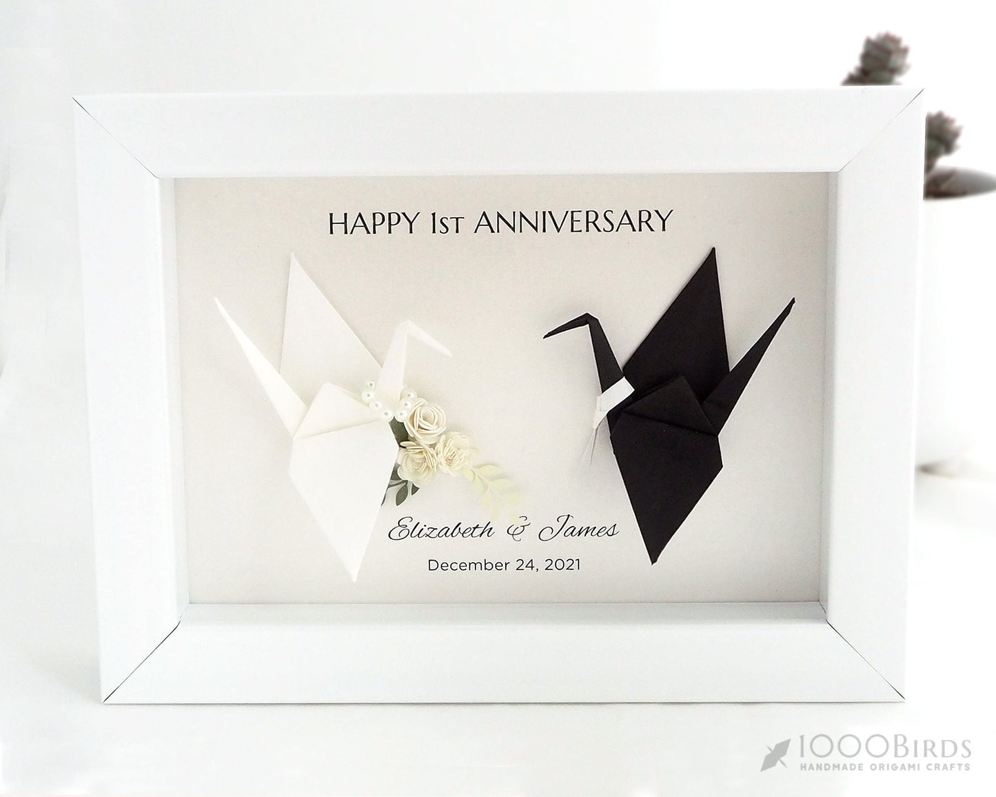 Personalized Paper Flower Bouquet with Personized Origami Paper Crane Art Frame for First Wedding Anniversary Gift, Paper Anniversary Gift