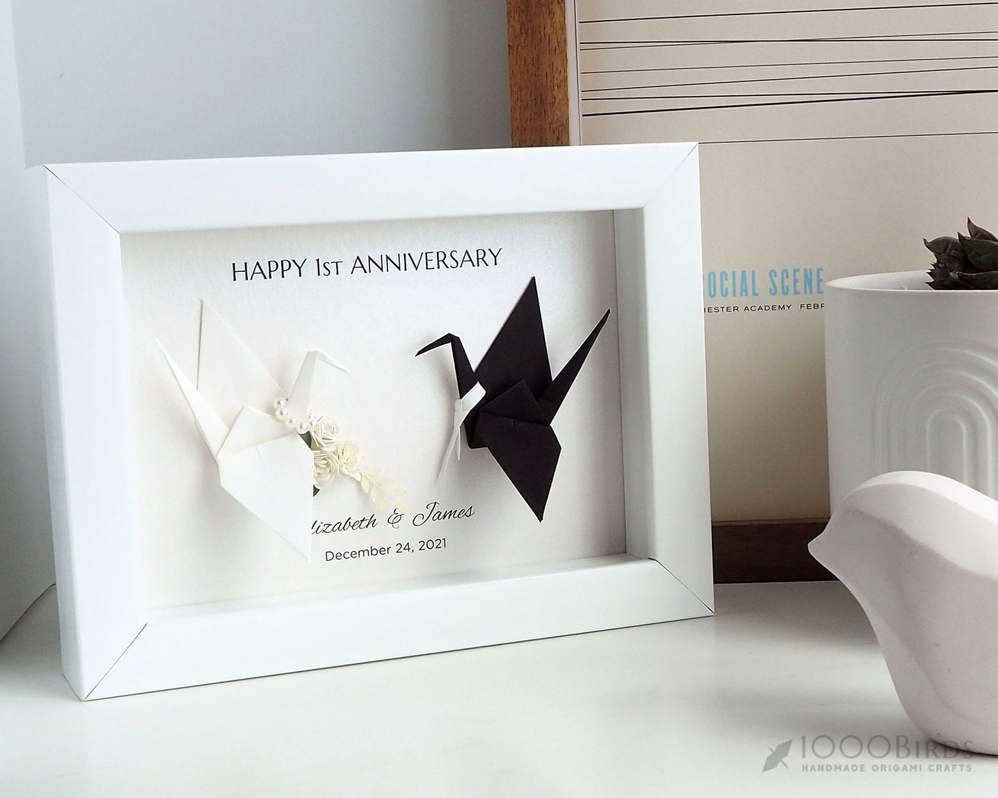 Personalized Paper Flower Bouquet with Personized Origami Paper Crane Art Frame for First Wedding Anniversary Gift, Paper Anniversary Gift