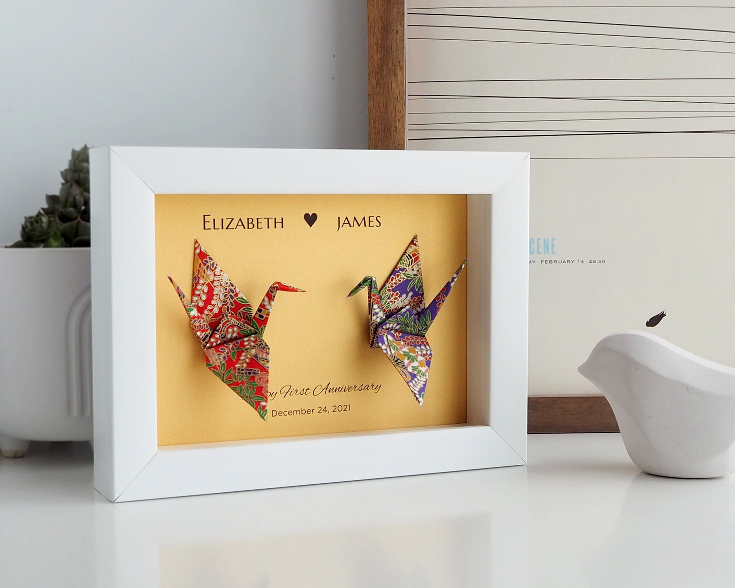 Gold Japanese Yuzen Washi You and Me Love Birds Origami Crane Art for Couple, Gift for Couple, Anniversary Gift, Where We Met Gift