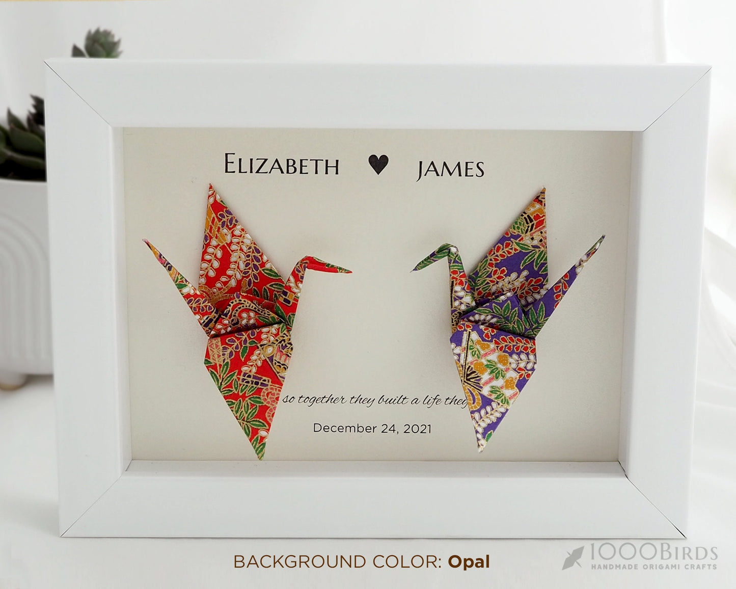 Gold Japanese Yuzen Washi You and Me Love Birds Origami Crane Art for Couple, Gift for Couple, Anniversary Gift, Where We Met Gift