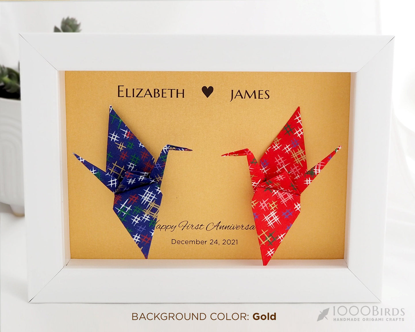 Gold Japanese Yuzen Washi You and Me Love Birds Origami Crane Art for Couple, Gift for Couple, Anniversary Gift, Where We Met Gift