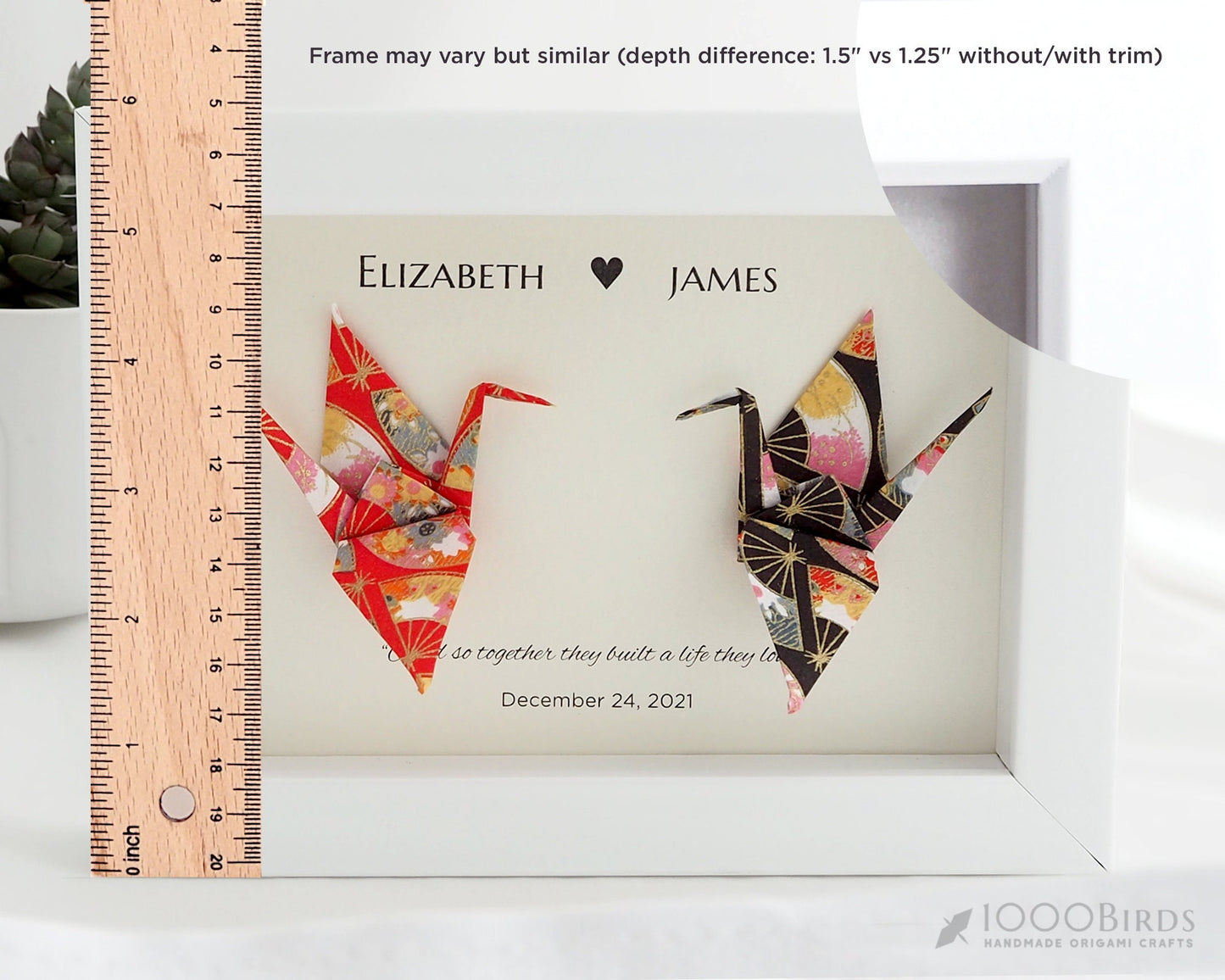 Gold Japanese Yuzen Washi You and Me Love Birds Origami Crane Art for Couple, Gift for Couple, Anniversary Gift, Where We Met Gift