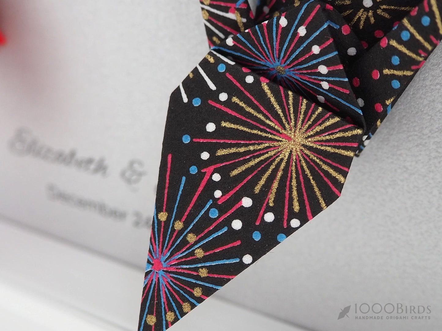 Fireworks Vermilion and Black Japanese Yuzen Washi Origami, You and Me Love Birds Personalized Art for Couple, First Anniversary Gift
