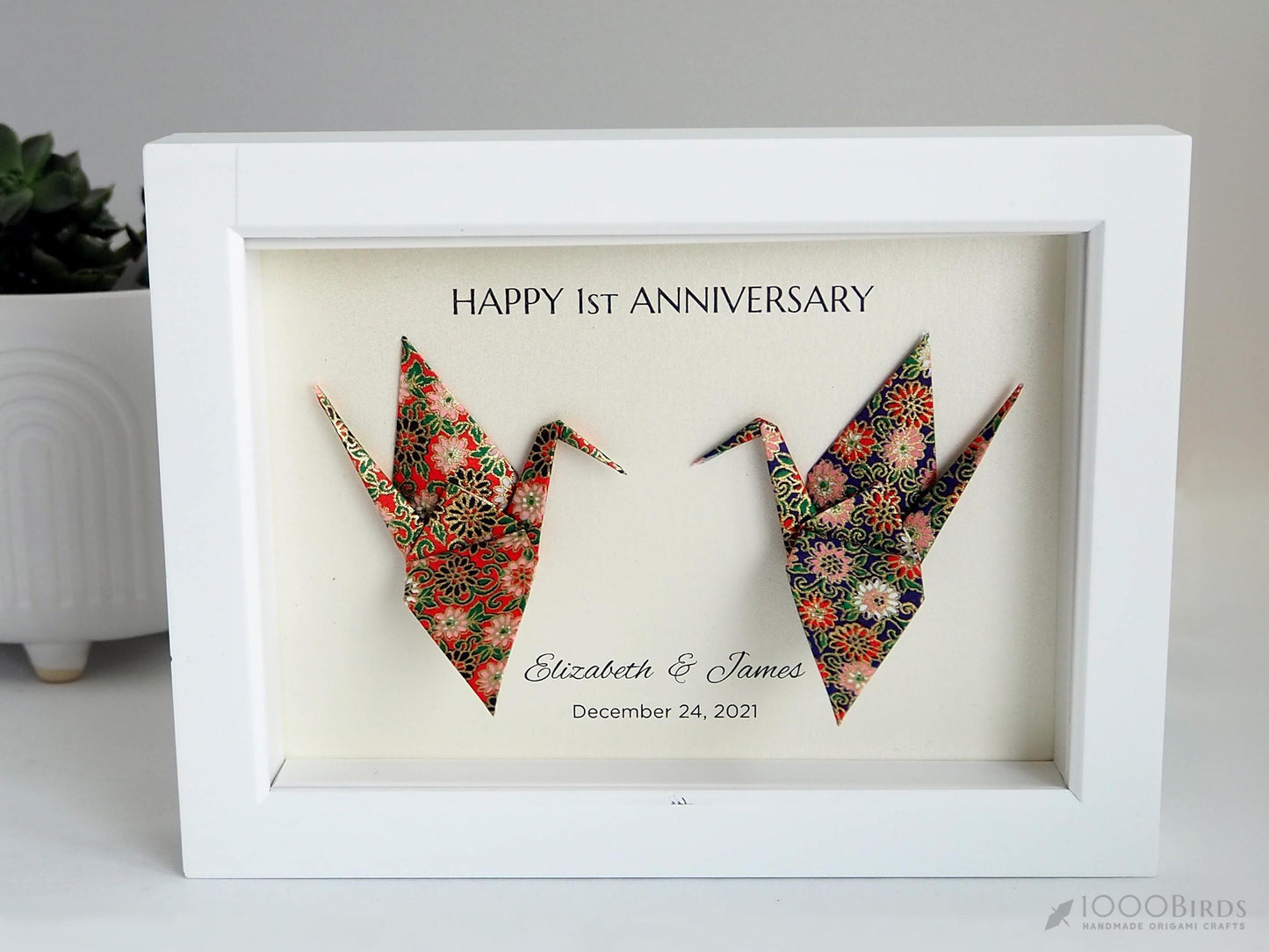 Gold-Accented Origami Crane Art with Vibrant Small Floral Patterns – A Gorgeous Personalized Anniversary or Wedding Gift