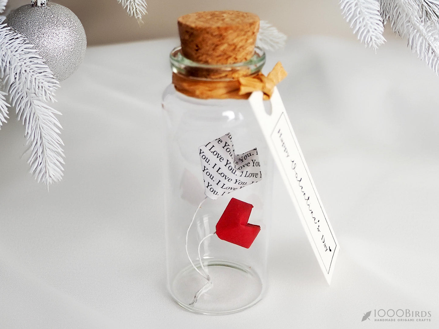 Valentine's Day Gift with Solid Red and "I Love You" Text-Printed Origami Heart Balloons in Mini Bottle