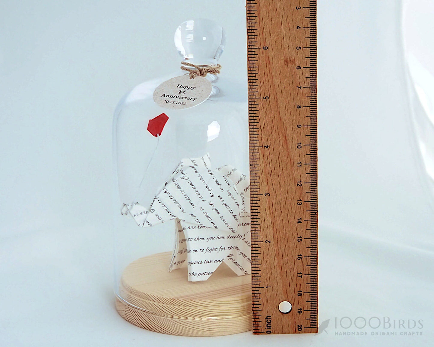 Vow Printed Origami Elephant in Glass Cloche — 1st Anniversary Gift, Paper Anniversary, Handmade Tabletop Decor