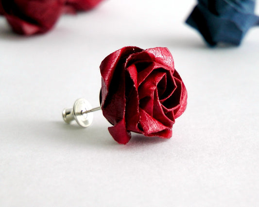 Origami Rose Stud Earring: Sterling Silver, Paper Flower, Kawaii Bijoux