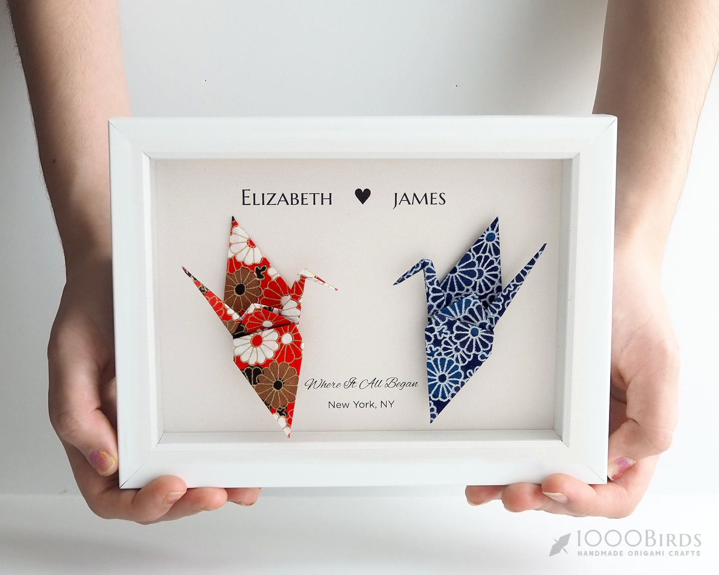 Chrysanthemum Vermilion and Navy Japanese Yuzen Washi Origami, You and Me Love Birds Personalized Art for Couple