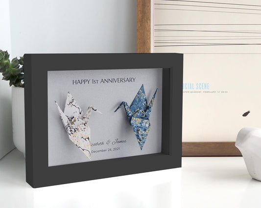 Origami Crane Art Frame – Deep North Journey Japanese Calligraphy, Japanese Handprinted Washi Paper
