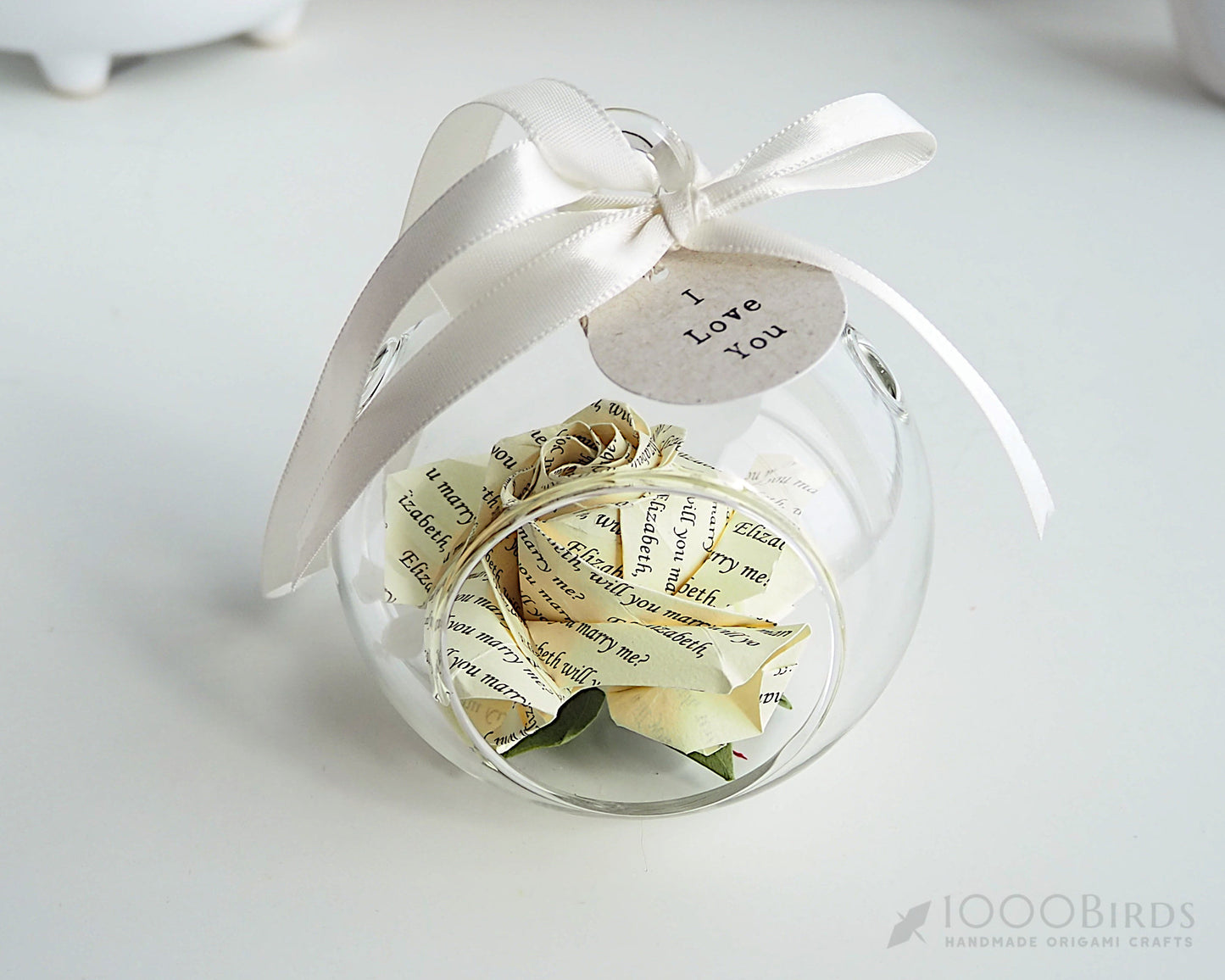 Personalized Origami Rose Ornament | First Christmas Gift | Custom Anniversary Keepsake in Glass Globe