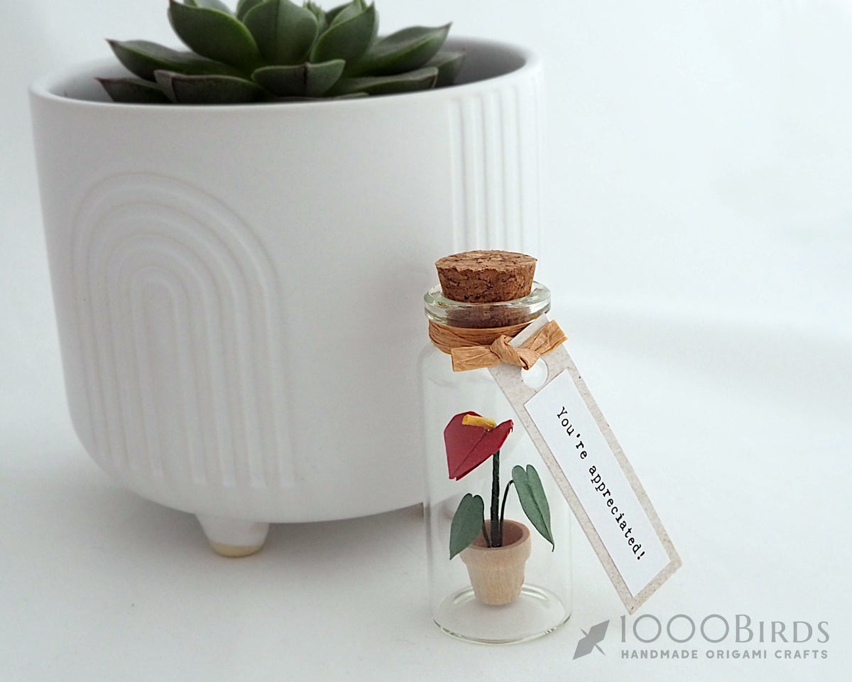 Origami Anthurium Flower: Flamingo Lily in Mini Bottle Gift