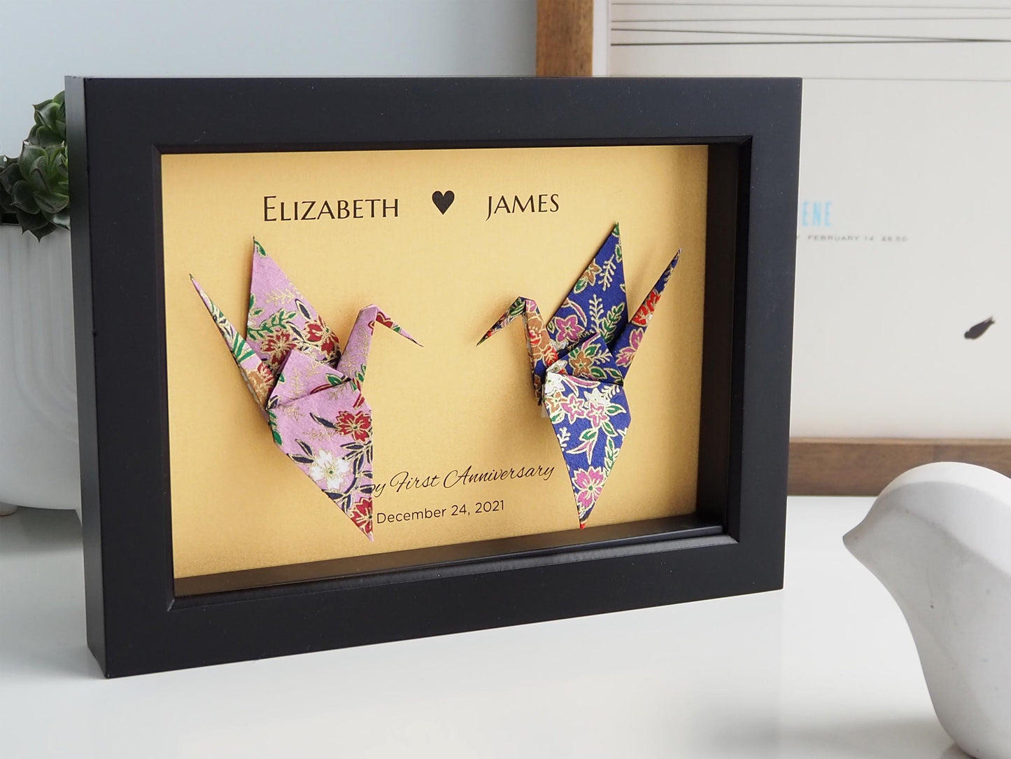 Origami Crane Art Frame – Vibrant Floral Patterns with Gold Accents, Japanese Washi Paper