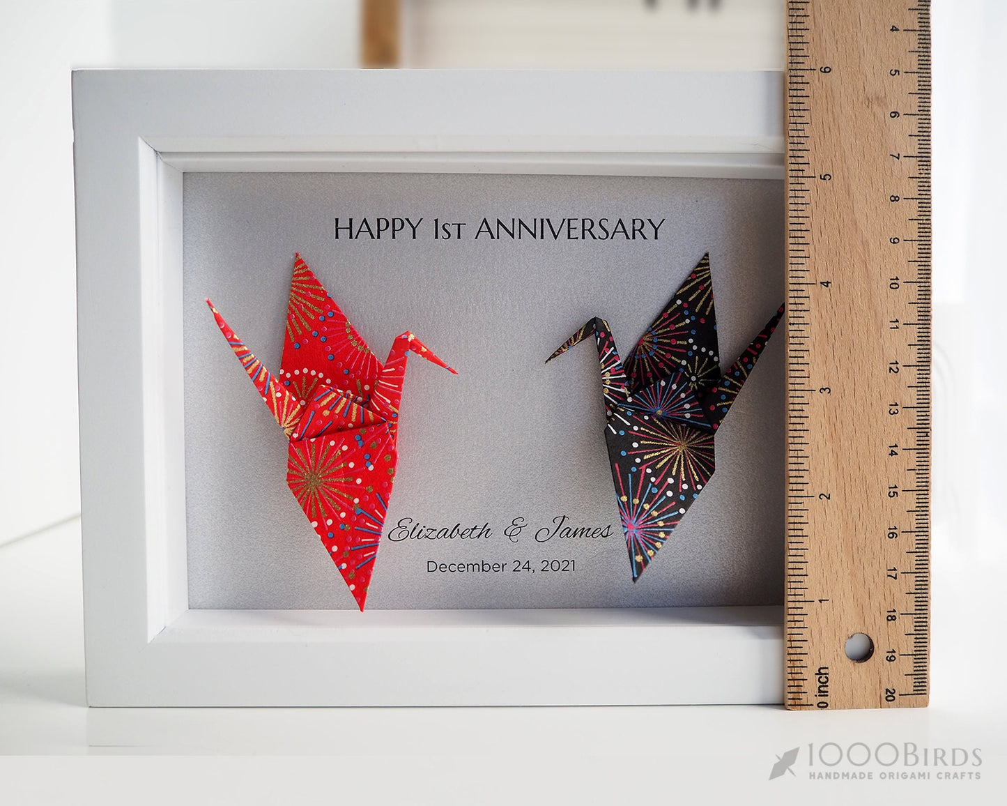Fireworks Vermilion and Black Japanese Yuzen Washi Origami, You and Me Love Birds Personalized Art for Couple, First Anniversary Gift