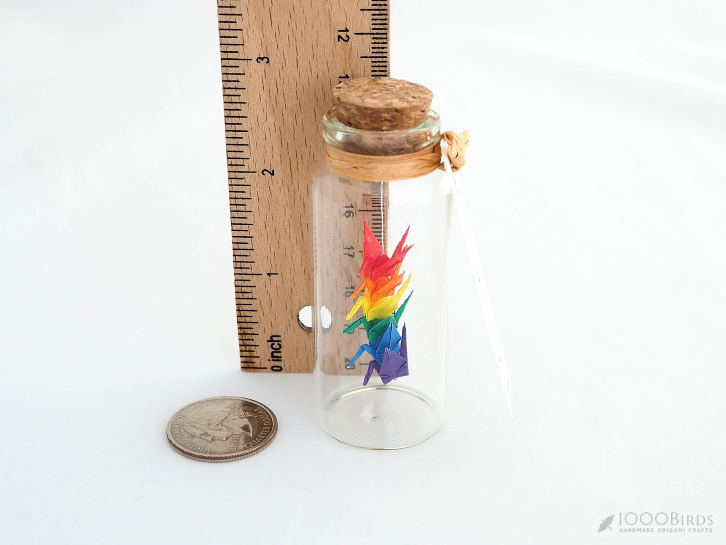 Rainbow Origami Cranes in Glass Bottle: Japanese Good Luck Charm