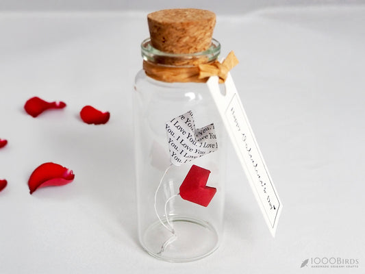 Valentine's Day Gift with Solid Red and "I Love You" Text-Printed Origami Heart Balloons in Mini Bottle