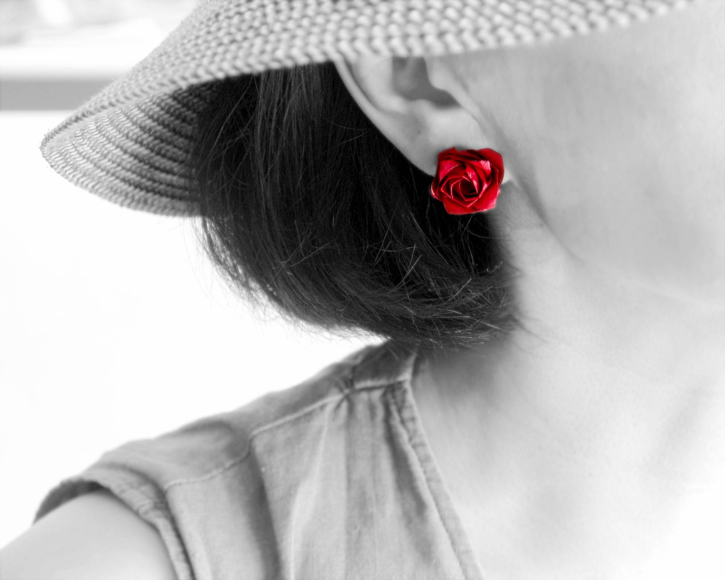 Origami Rose Stud Earring: Sterling Silver, Paper Flower, Kawaii Bijoux