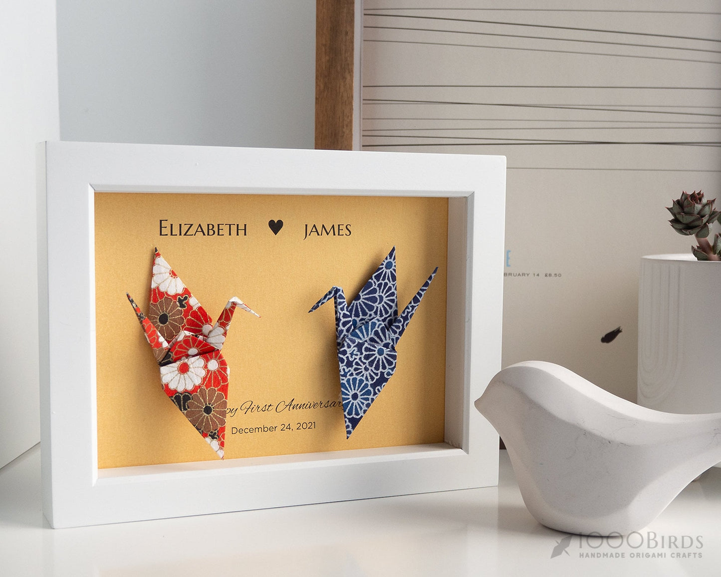 Chrysanthemum Vermilion and Navy Japanese Yuzen Washi Origami, You and Me Love Birds Personalized Art for Couple