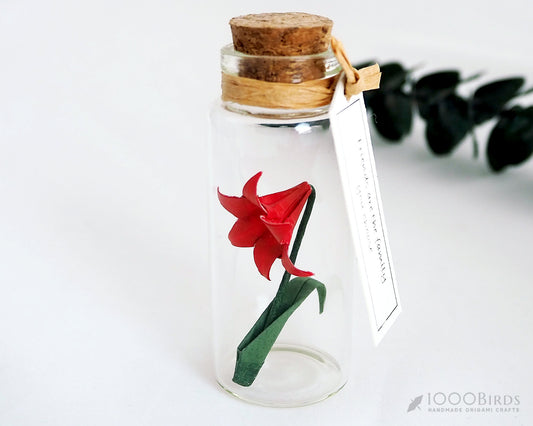 Red Lily Origami Paper Flower in Mini Bottle, UNique Handmade Gift, Personalized Christmas Ornament, Valentine's Day Gift for Her