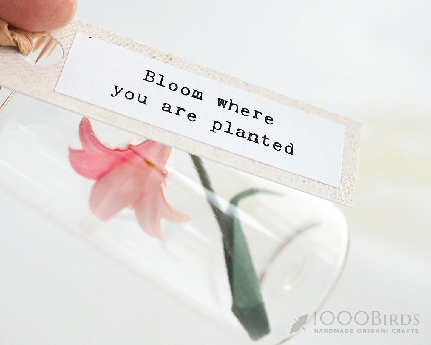 Pink Japanese Washi Origami Paper Lily in Mini Bottle with Personalized Tag for Graduation Gift, Remembrance Gifts