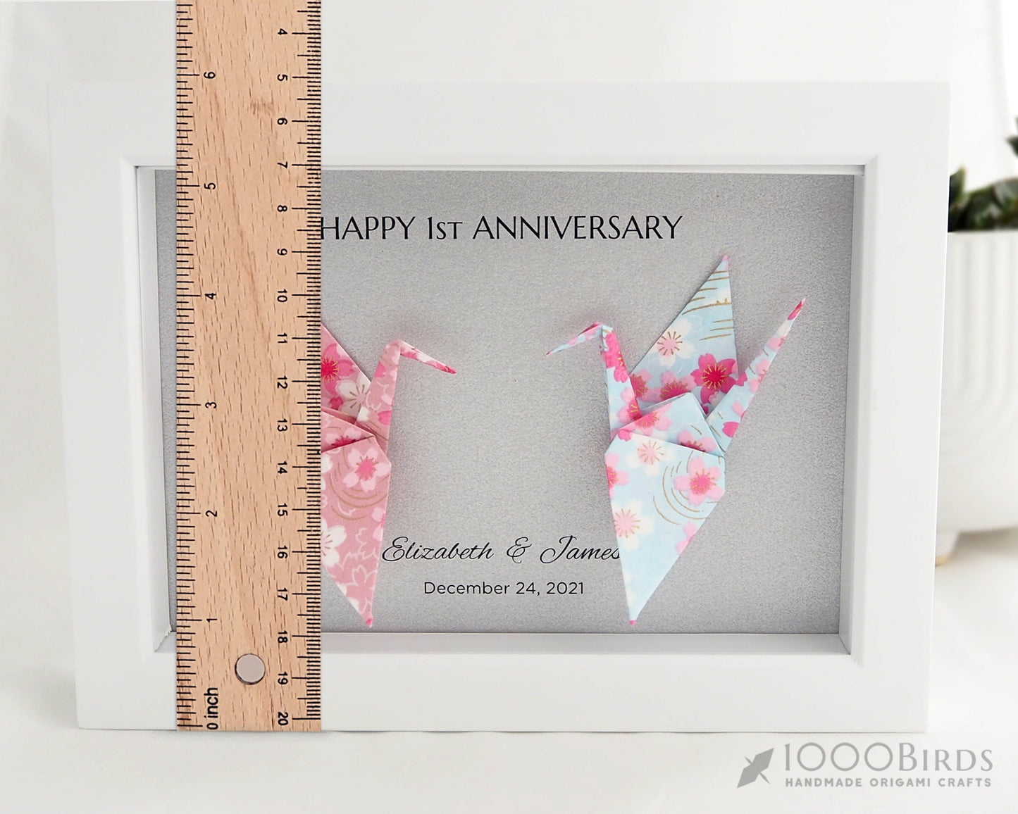 Personalized Kawaii Cherry Blossom Origami Crane Framed Art – Japanese Washi Paper Anniversary Gift & Home Decor