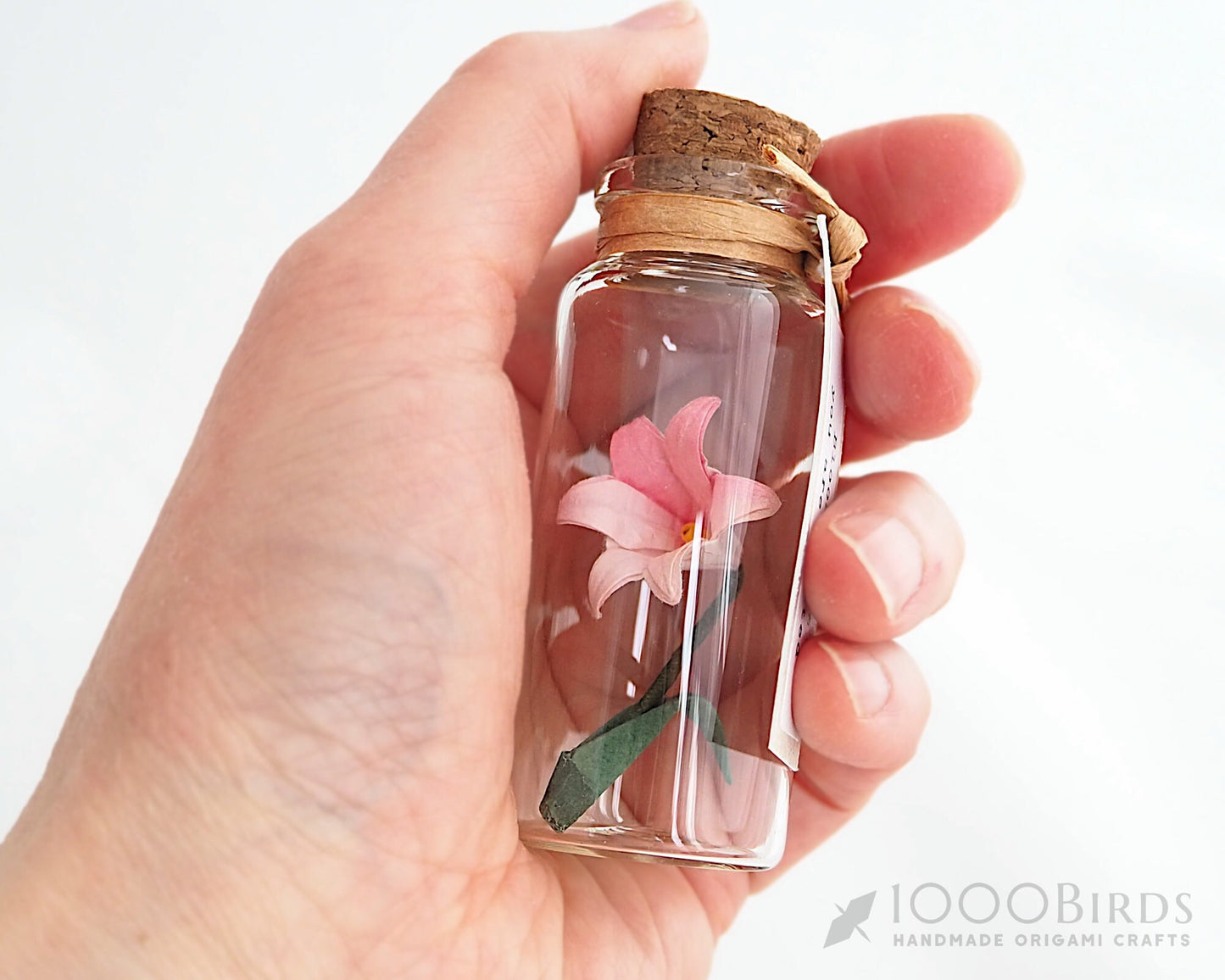 Pink Japanese Washi Origami Paper Lily in Mini Bottle with Personalized Tag for Graduation Gift, Remembrance Gifts