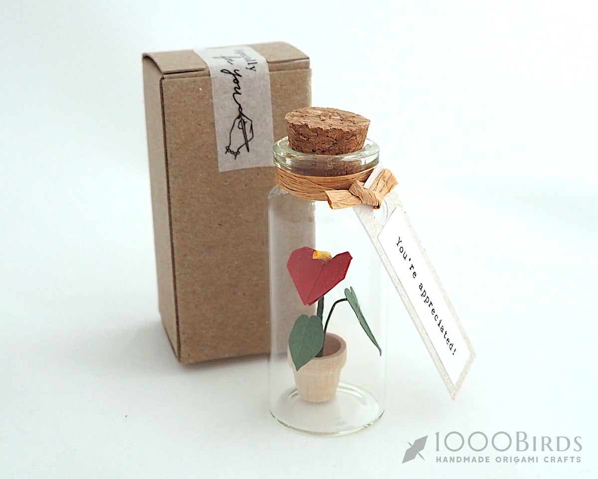 Origami Anthurium Flower: Flamingo Lily in Mini Bottle Gift