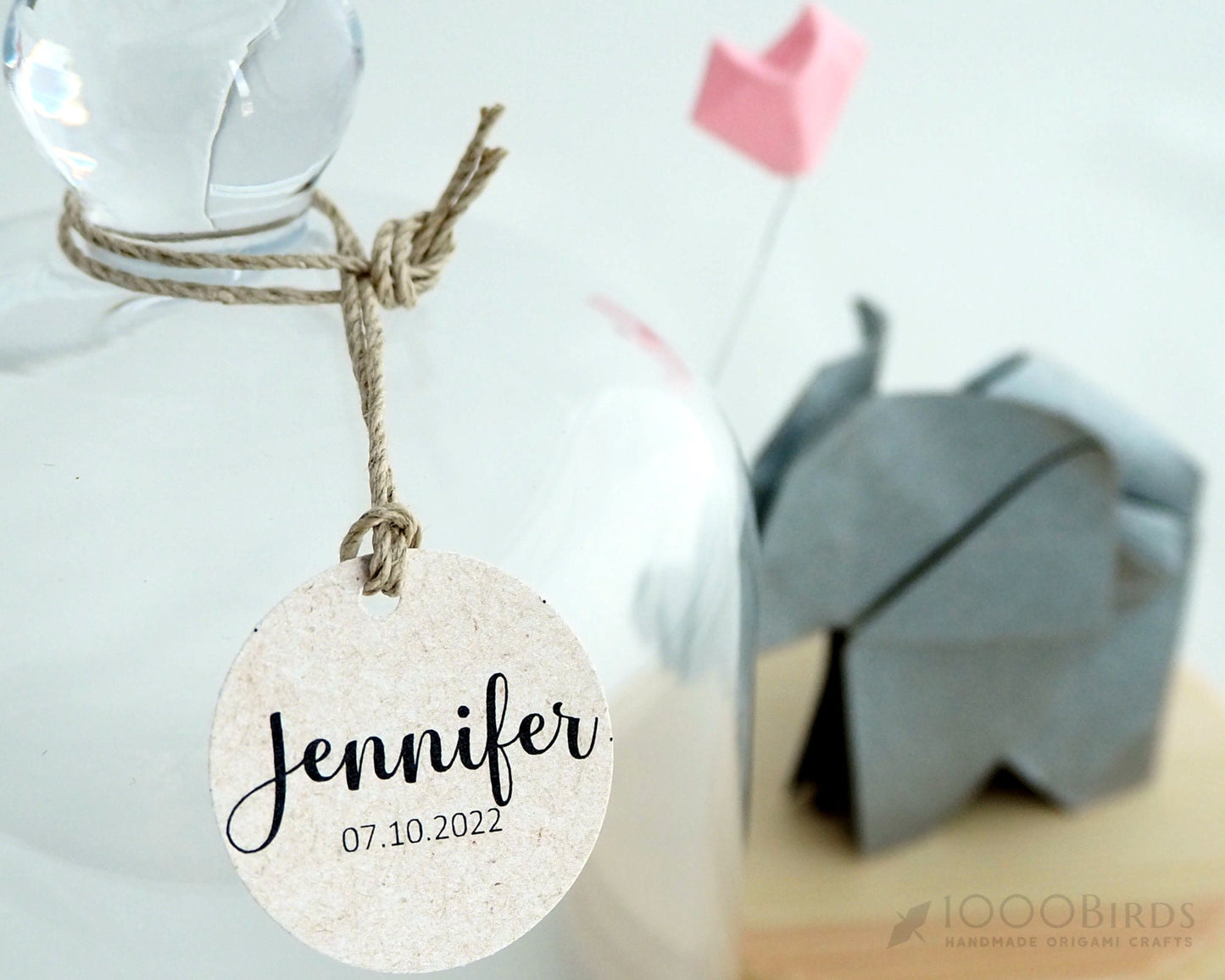 Origami Elephant & Balloon in Glass Cloche: Baby Shower Decor