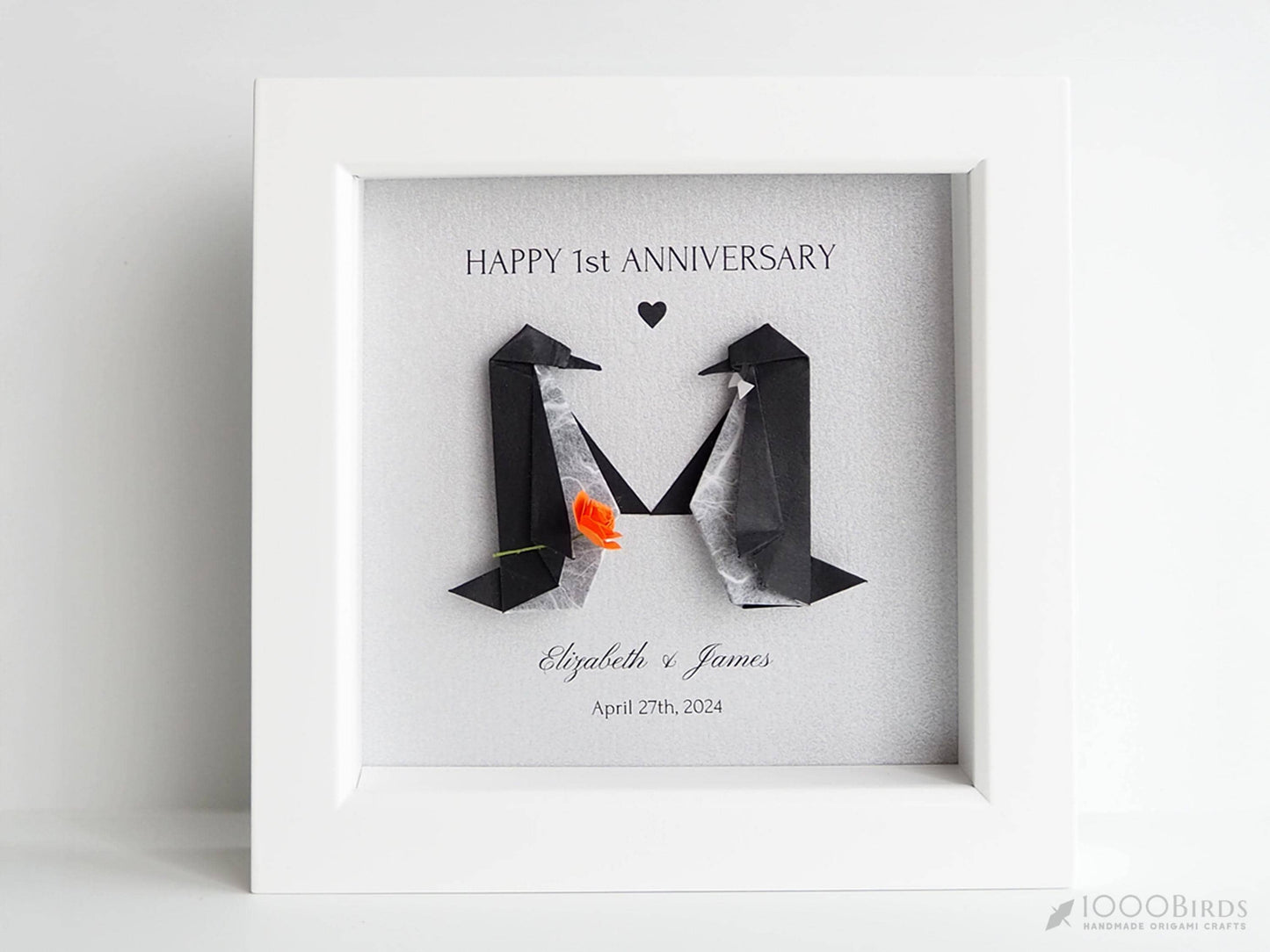 Personalized Origami Penguin Couple – Framed Art for First Wedding Anniversary / Paper Anniversary Gift