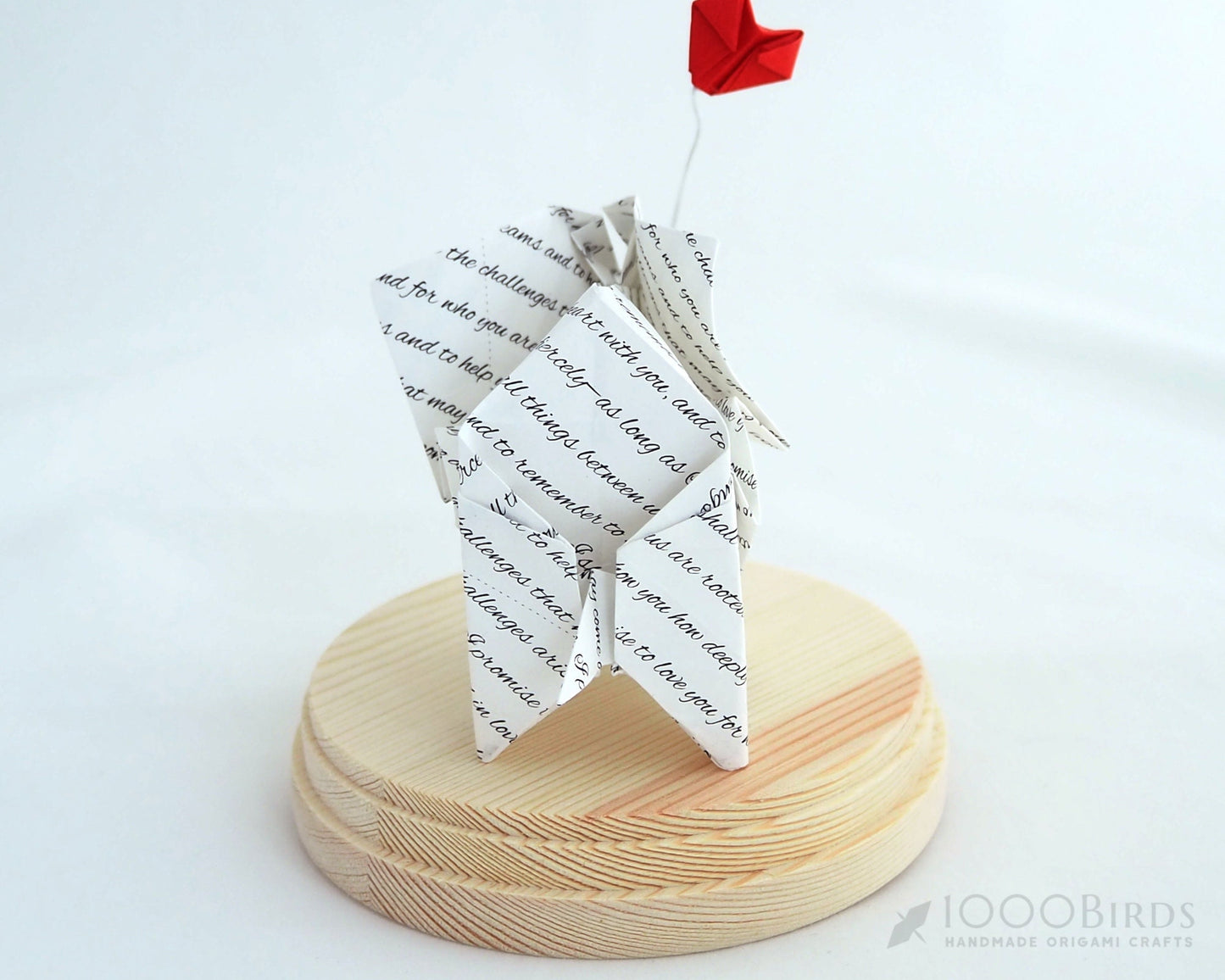 Vow Printed Origami Elephant in Glass Cloche — 1st Anniversary Gift, Paper Anniversary, Handmade Tabletop Decor