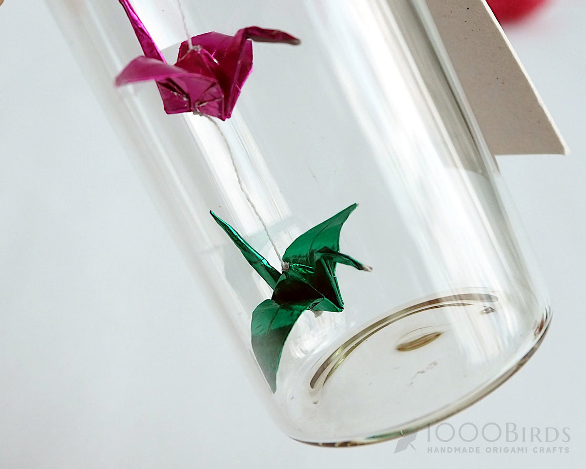 Metallic Origami Crane Gift: Personalized Message in Mini Bottle