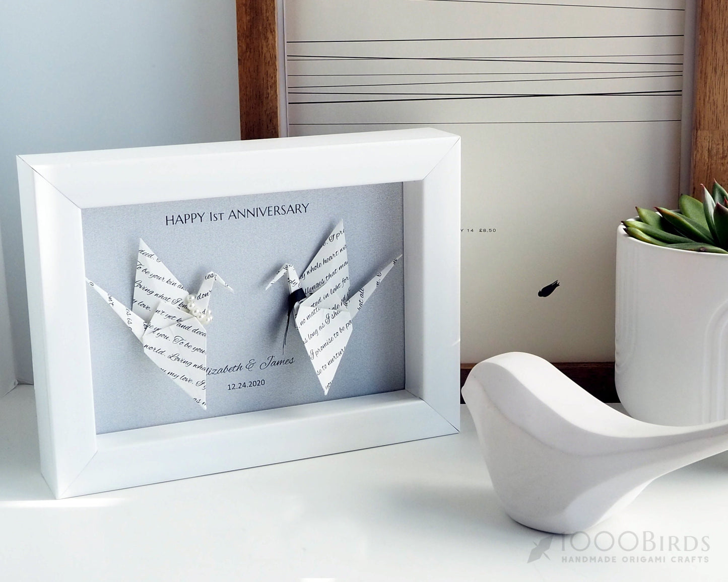 Personalized Wedding Vow Printed Origami Crane Art Frame – Perfect 1st Anniversary Gift for Him and Her