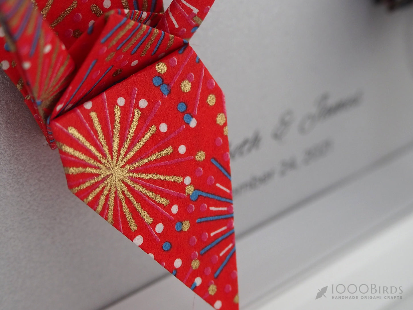 Fireworks Vermilion and Black Japanese Yuzen Washi Origami, You and Me Love Birds Personalized Art for Couple, First Anniversary Gift