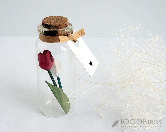 Handmade Origami Tulip in Glass Bottle: Japanese Paper Flower Gift
