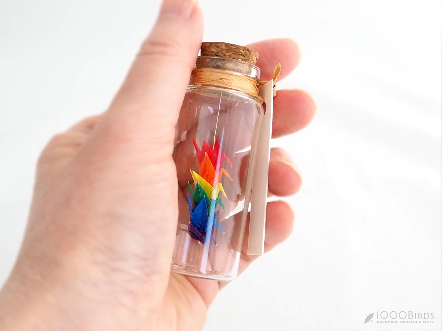 Rainbow Origami Cranes in Glass Bottle: Japanese Good Luck Charm