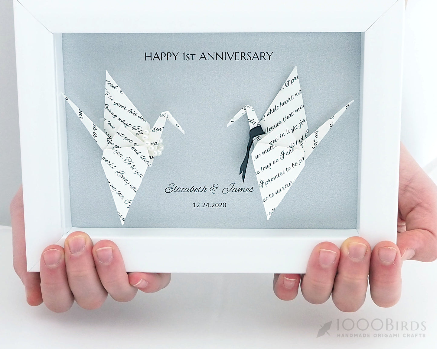 Personalized Wedding Vow Printed Origami Crane Art Frame – Perfect 1st Anniversary Gift for Him and Her