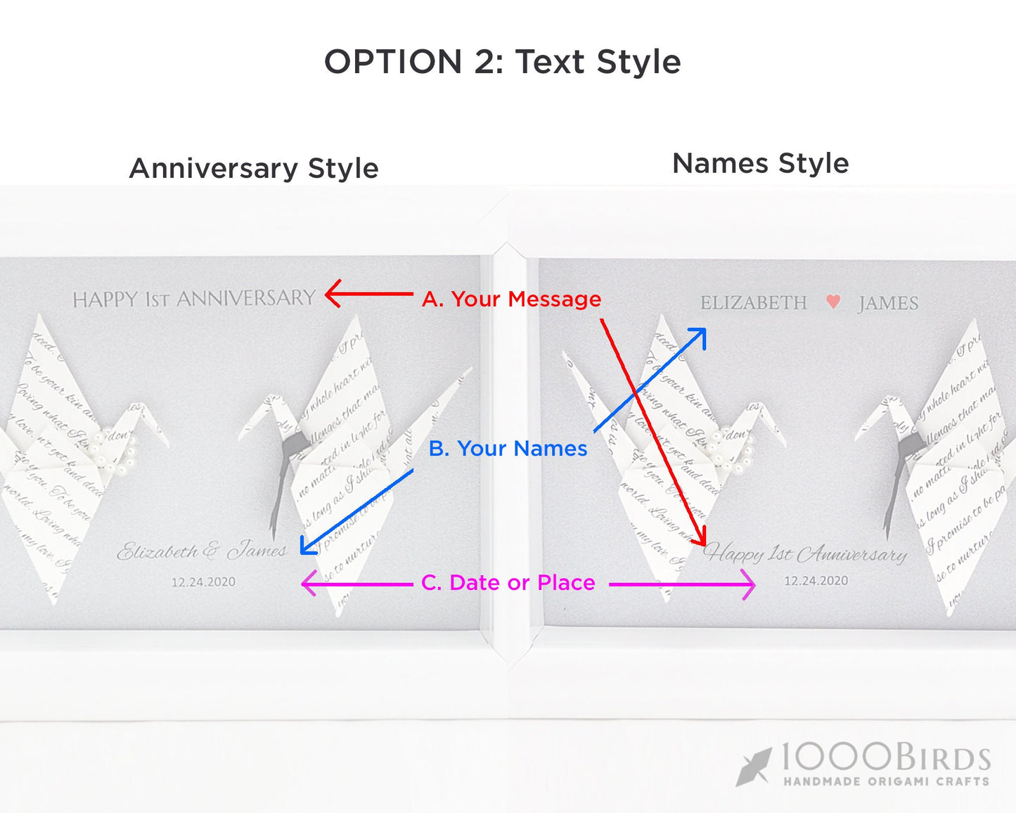 Personalized Wedding Vow Printed Origami Crane Art Frame – Perfect 1st Anniversary Gift for Him and Her